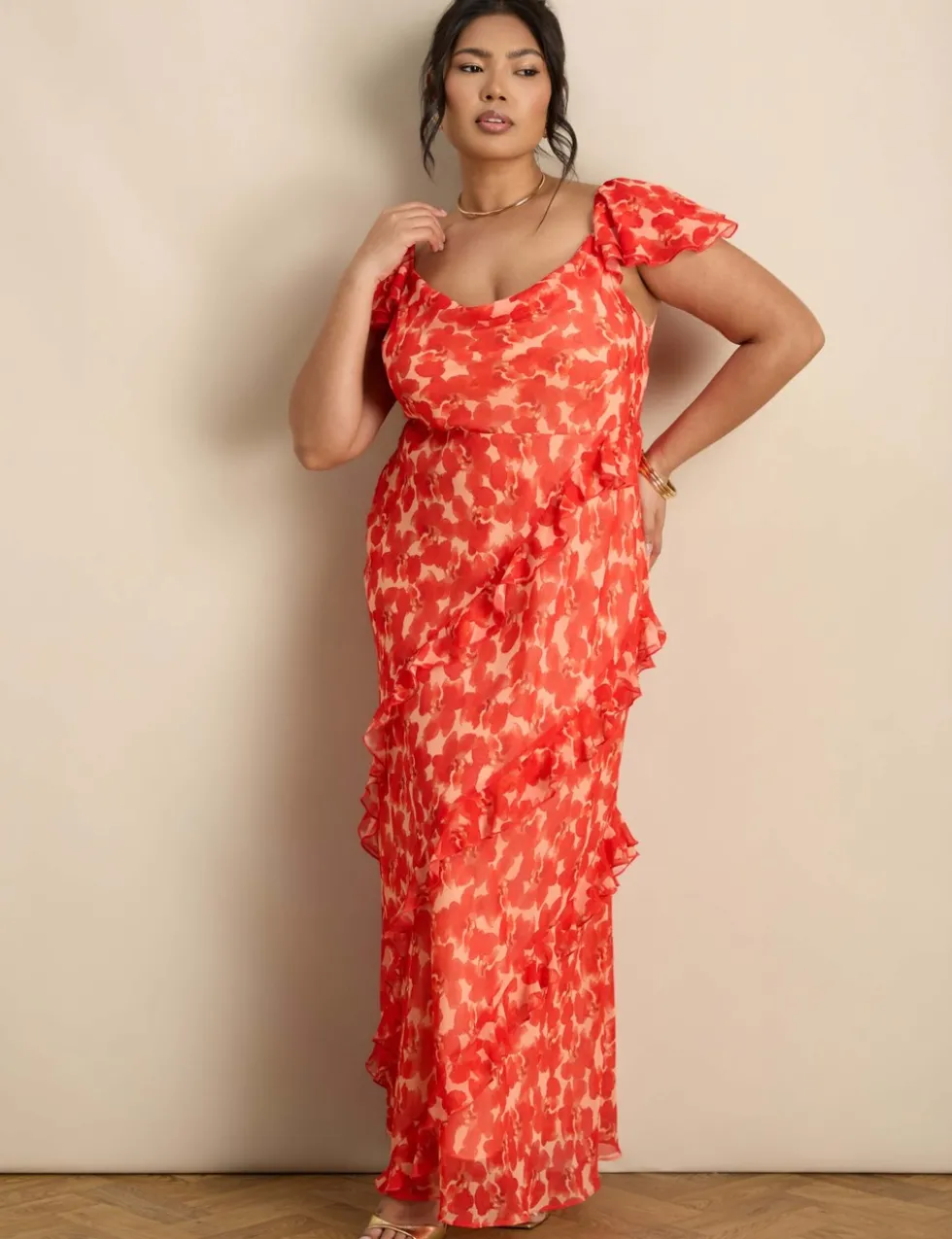 Chiffon Floral Ruffle Sleeve Maxi Dress