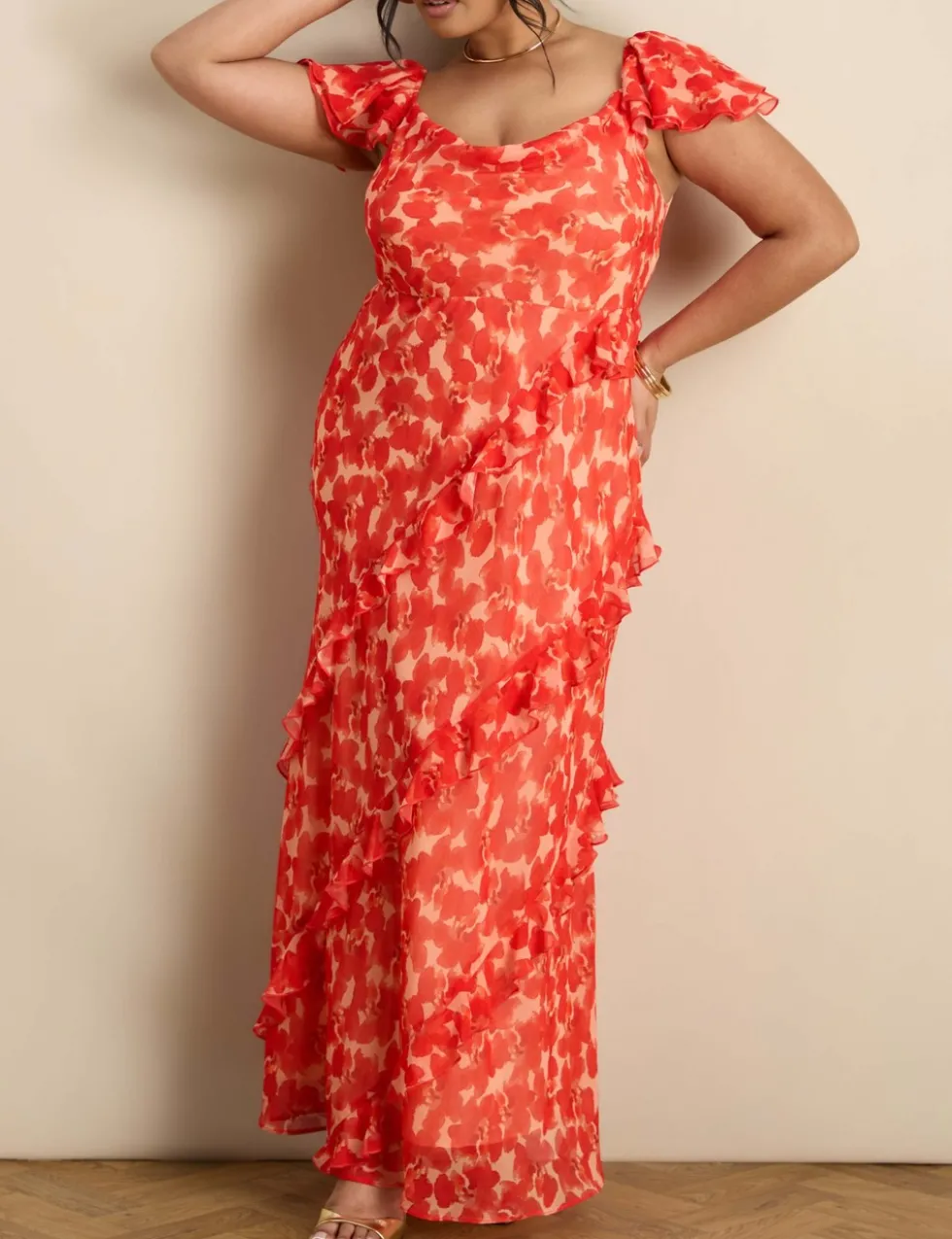 Chiffon Floral Ruffle Sleeve Maxi Dress