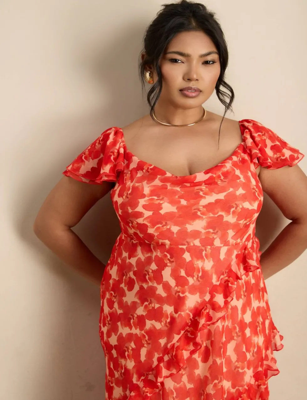 Chiffon Floral Ruffle Sleeve Maxi Dress