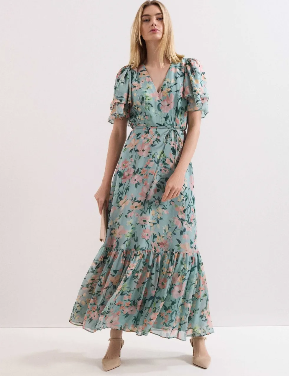 Chiffon Floral V-Neck Angel Sleeve Maxi Waisted Dress