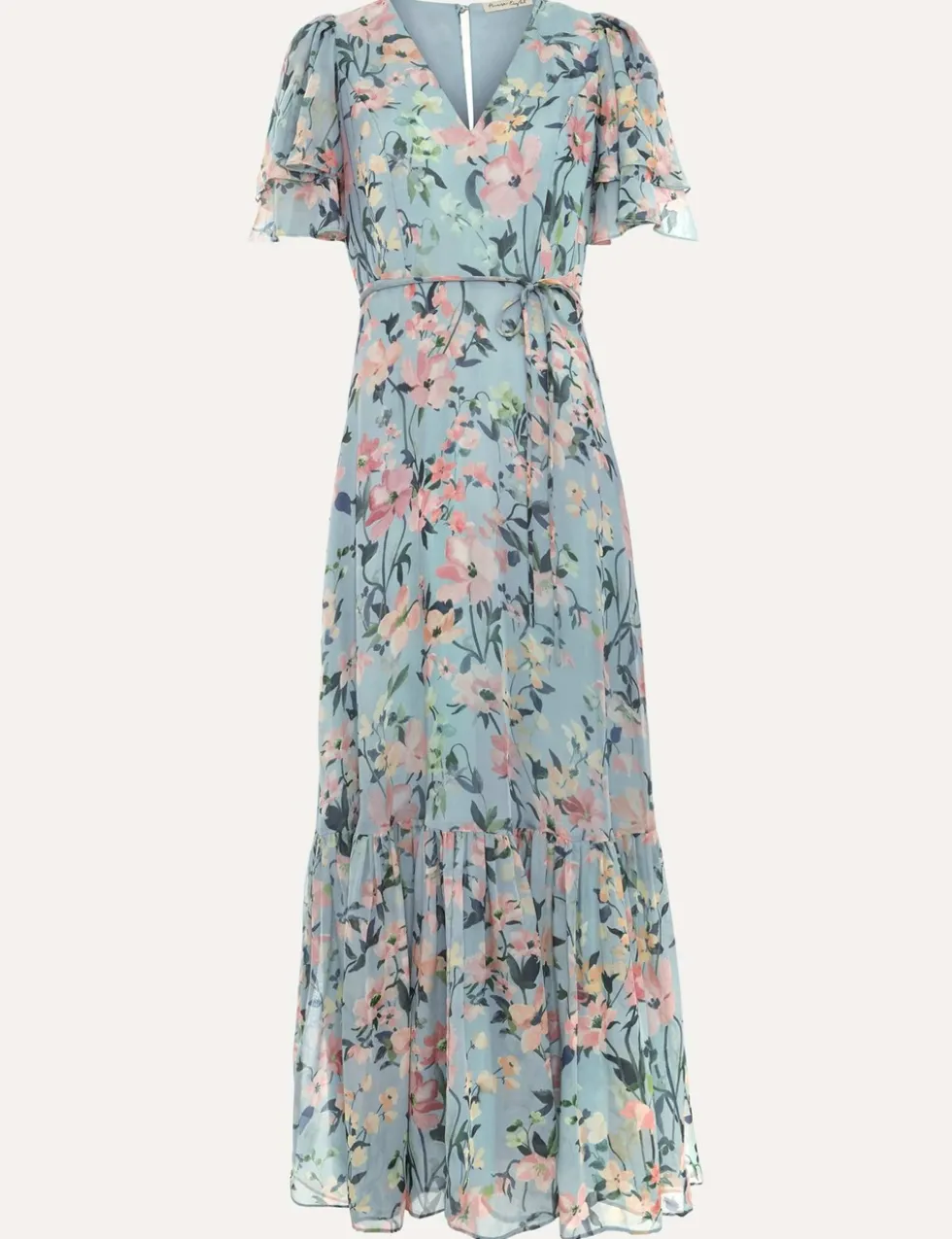 Chiffon Floral V-Neck Angel Sleeve Maxi Waisted Dress