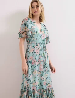 Chiffon Floral V-Neck Angel Sleeve Maxi Waisted Dress