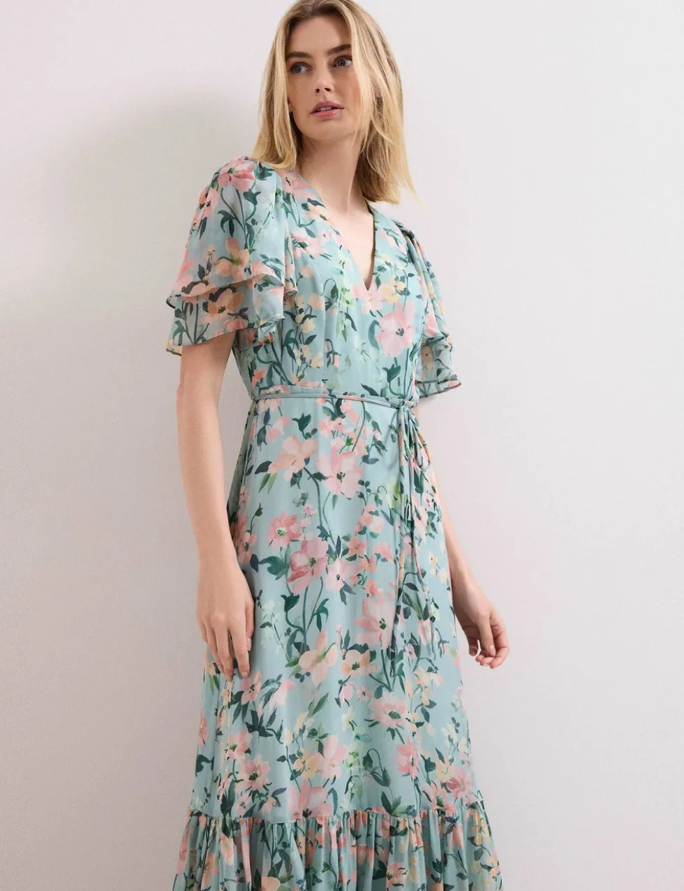 Chiffon Floral V-Neck Angel Sleeve Maxi Waisted Dress