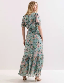 Chiffon Floral V-Neck Angel Sleeve Maxi Waisted Dress