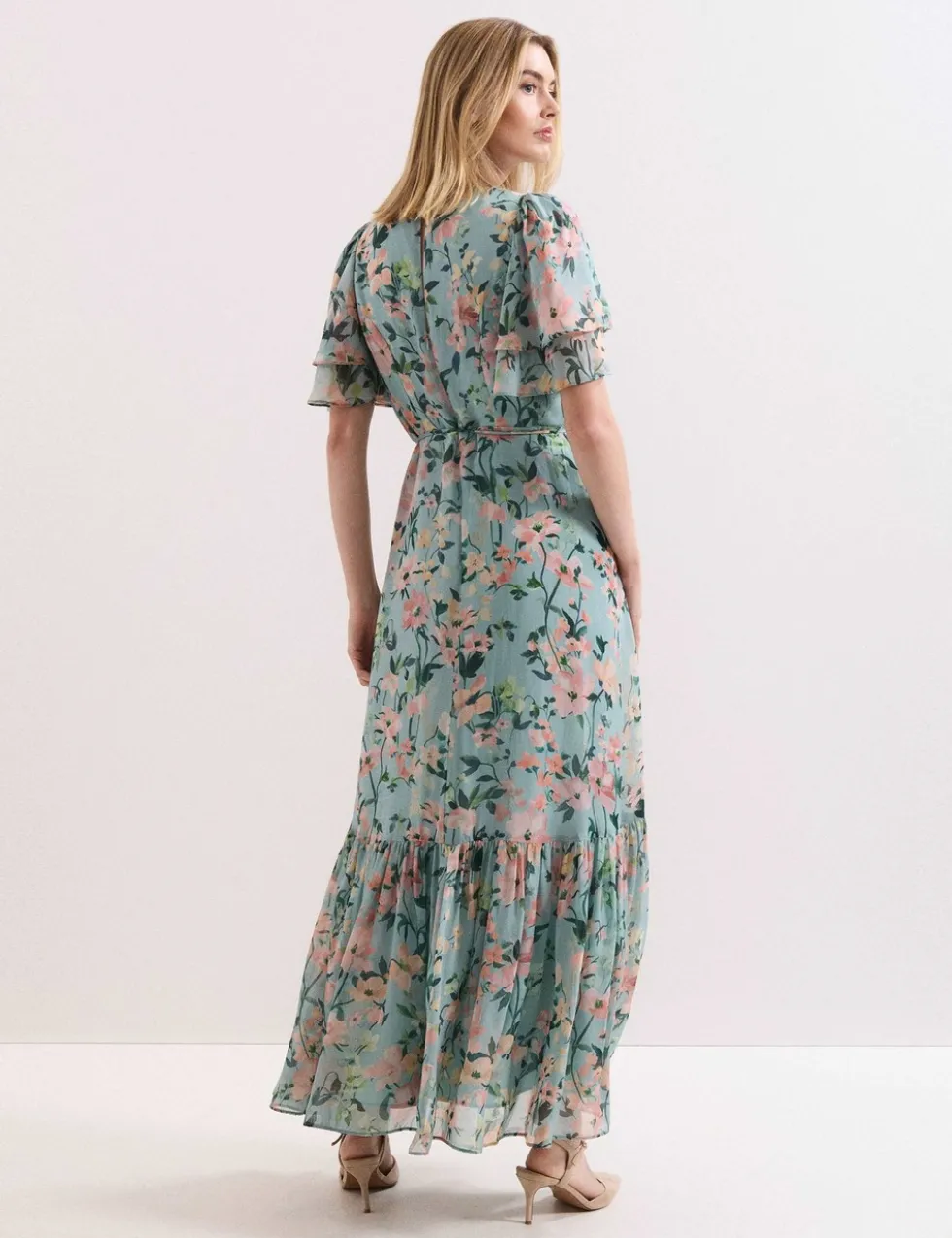 Chiffon Floral V-Neck Angel Sleeve Maxi Waisted Dress