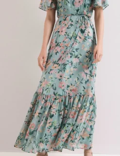 Chiffon Floral V-Neck Angel Sleeve Maxi Waisted Dress