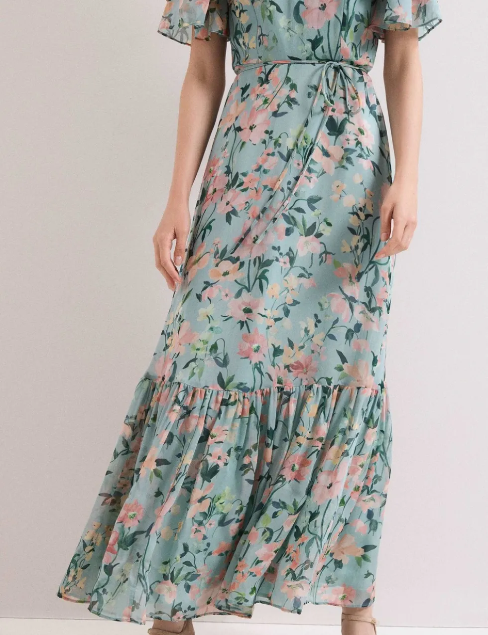Chiffon Floral V-Neck Angel Sleeve Maxi Waisted Dress