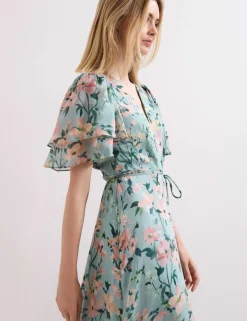 Chiffon Floral V-Neck Angel Sleeve Maxi Waisted Dress