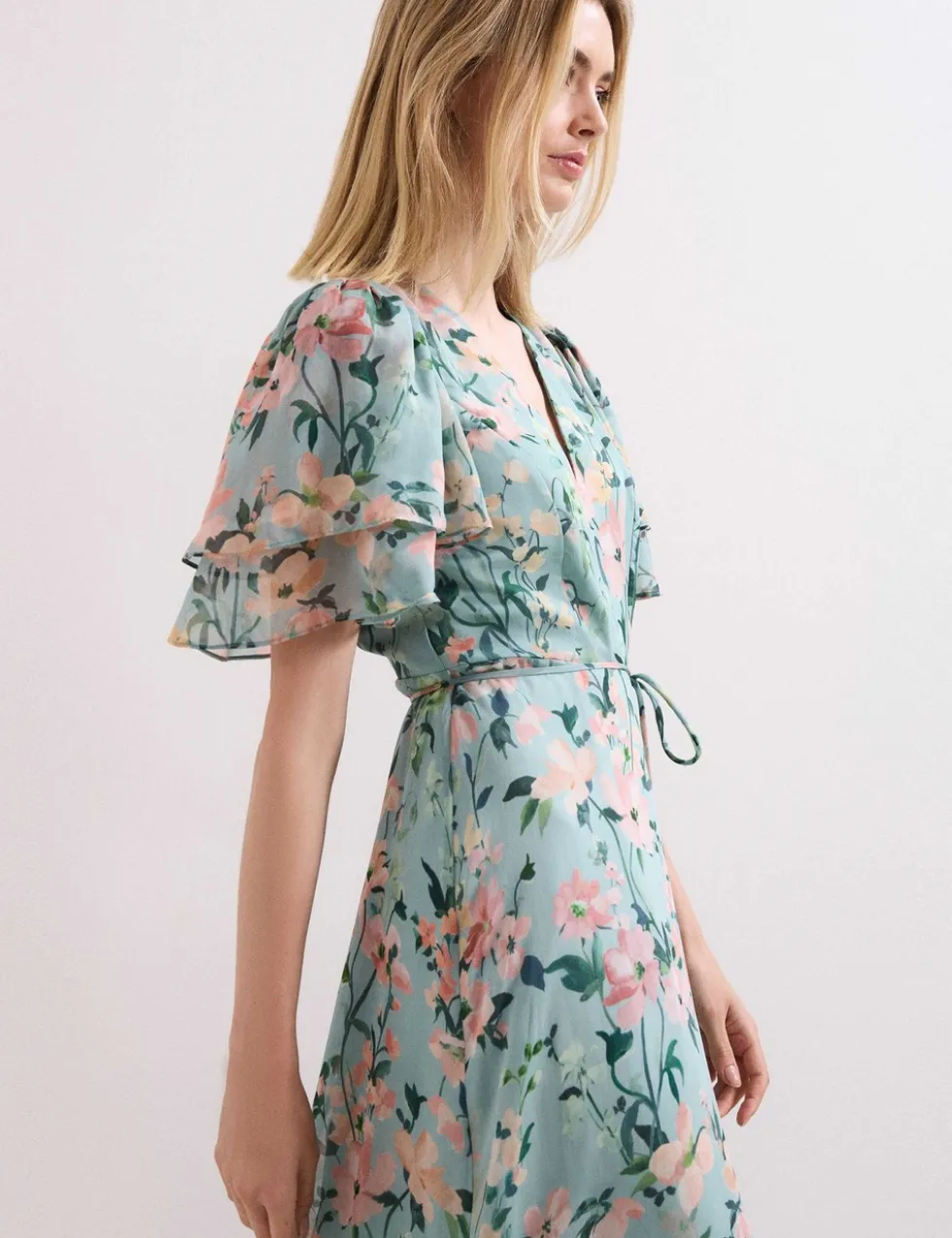 Chiffon Floral V-Neck Angel Sleeve Maxi Waisted Dress