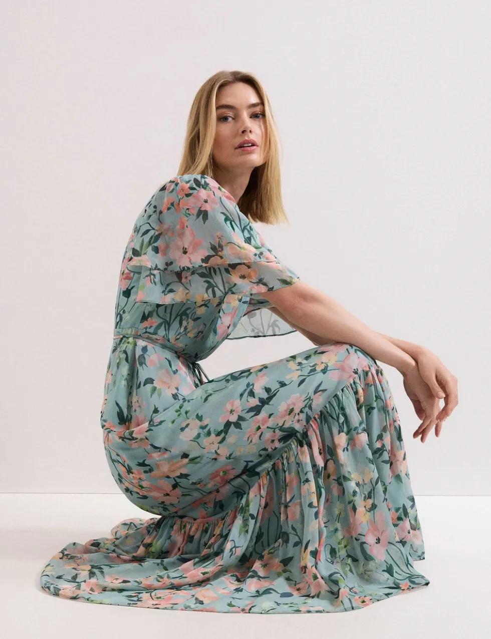 Chiffon Floral V-Neck Angel Sleeve Maxi Waisted Dress