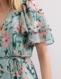 Chiffon Floral V-Neck Angel Sleeve Maxi Waisted Dress