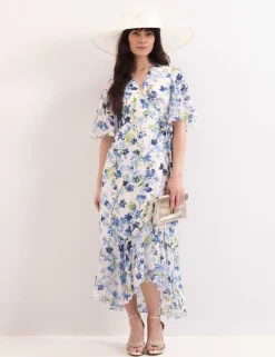 Chiffon Floral V-Neck Midi Wrap Dress