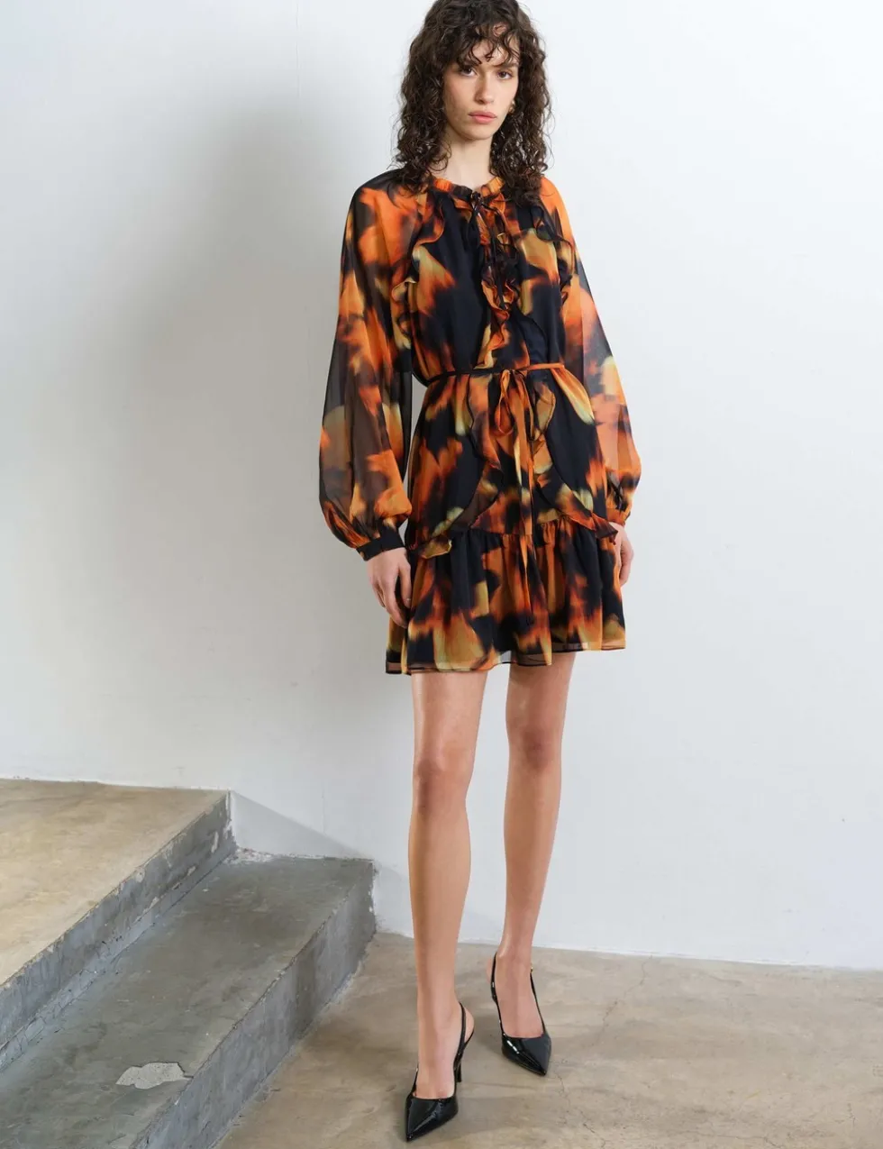 Chiffon Printed Tie Neck Midi Tiered Dress