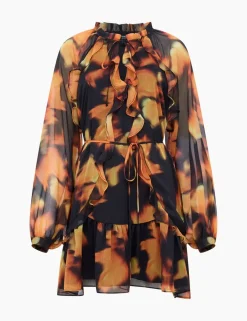 Chiffon Printed Tie Neck Midi Tiered Dress