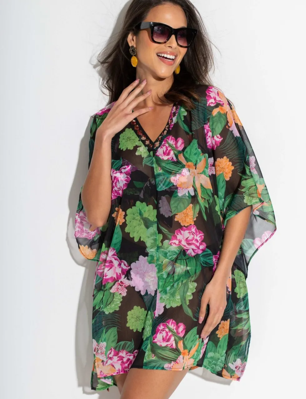 Chiffon V Neck Embellished Kaftan