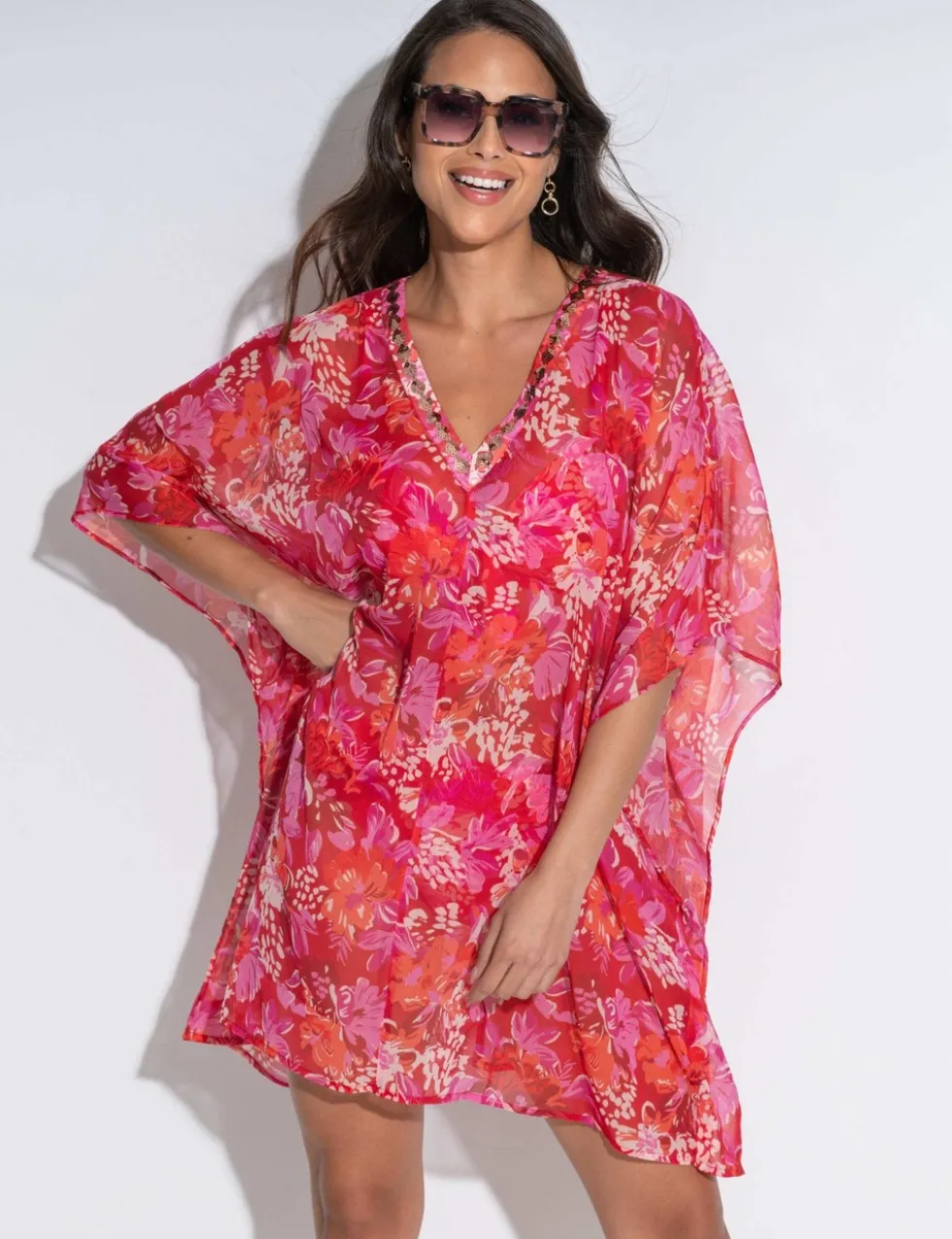 Chiffon V-Neck Embellished Kaftan Beach Dress