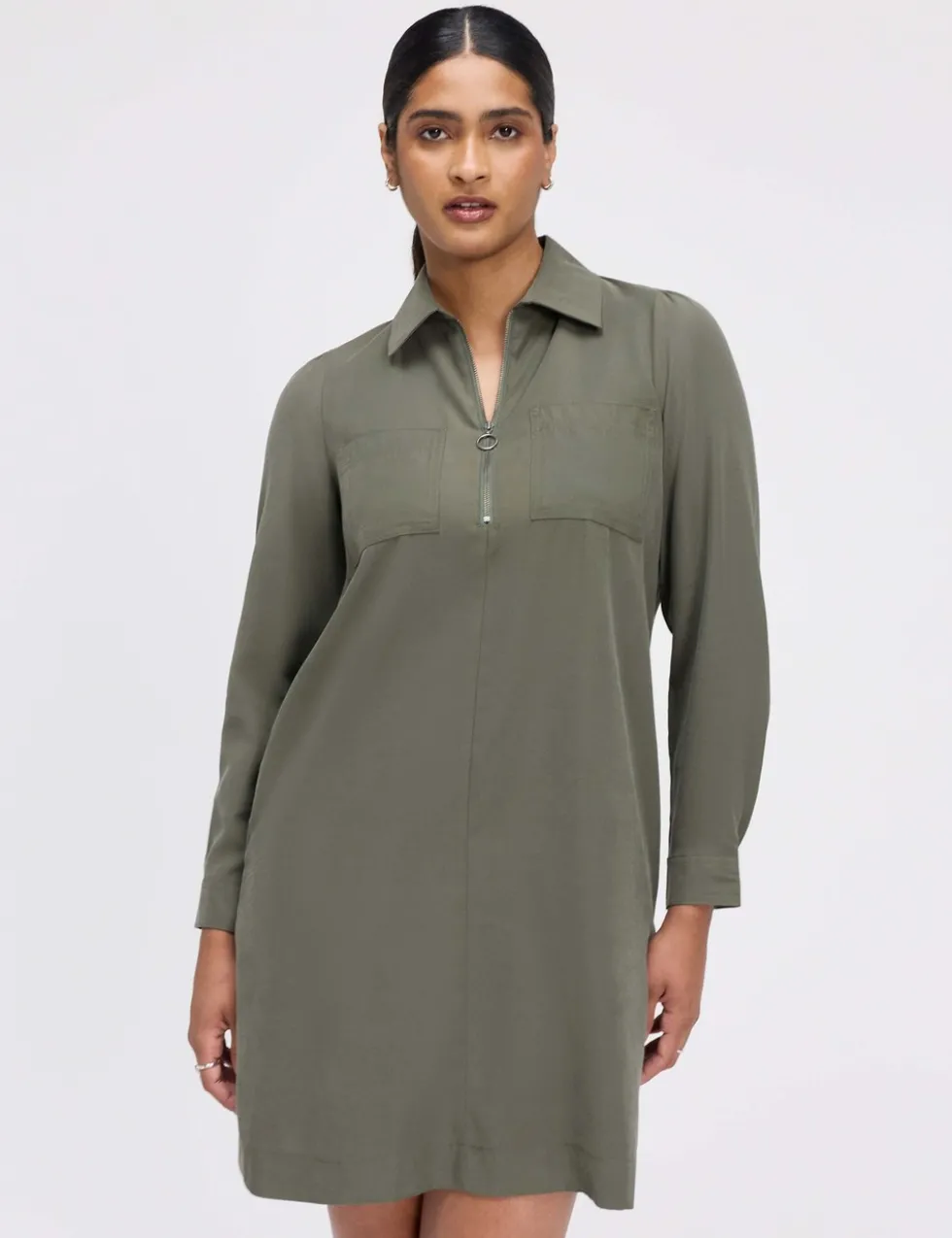 Collared Zip Up Mini Shirt Dress