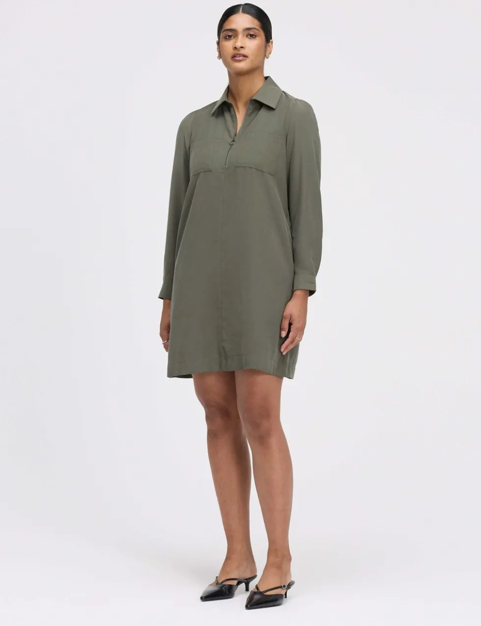 Collared Zip Up Mini Shirt Dress