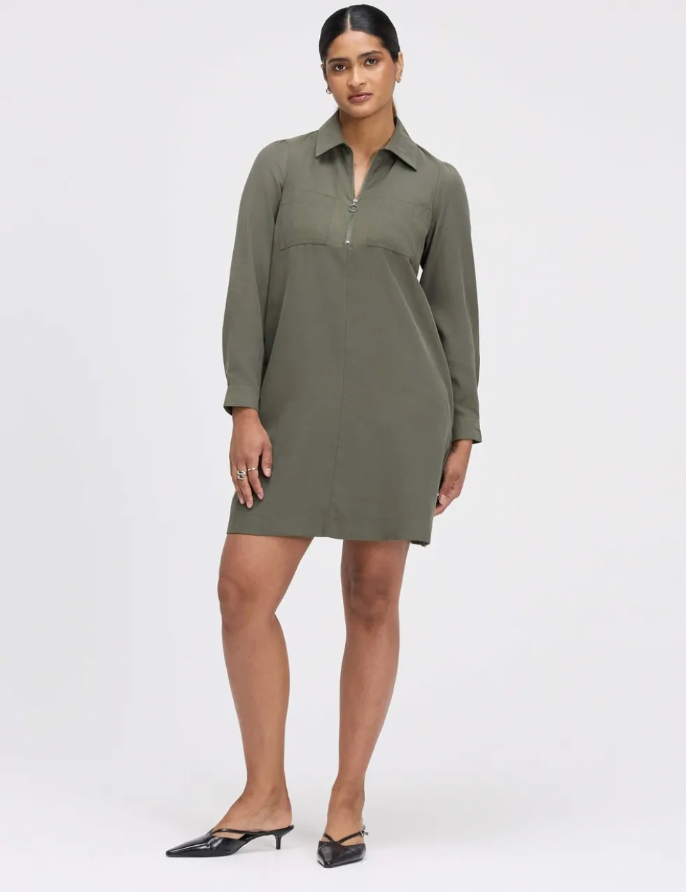 Collared Zip Up Mini Shirt Dress