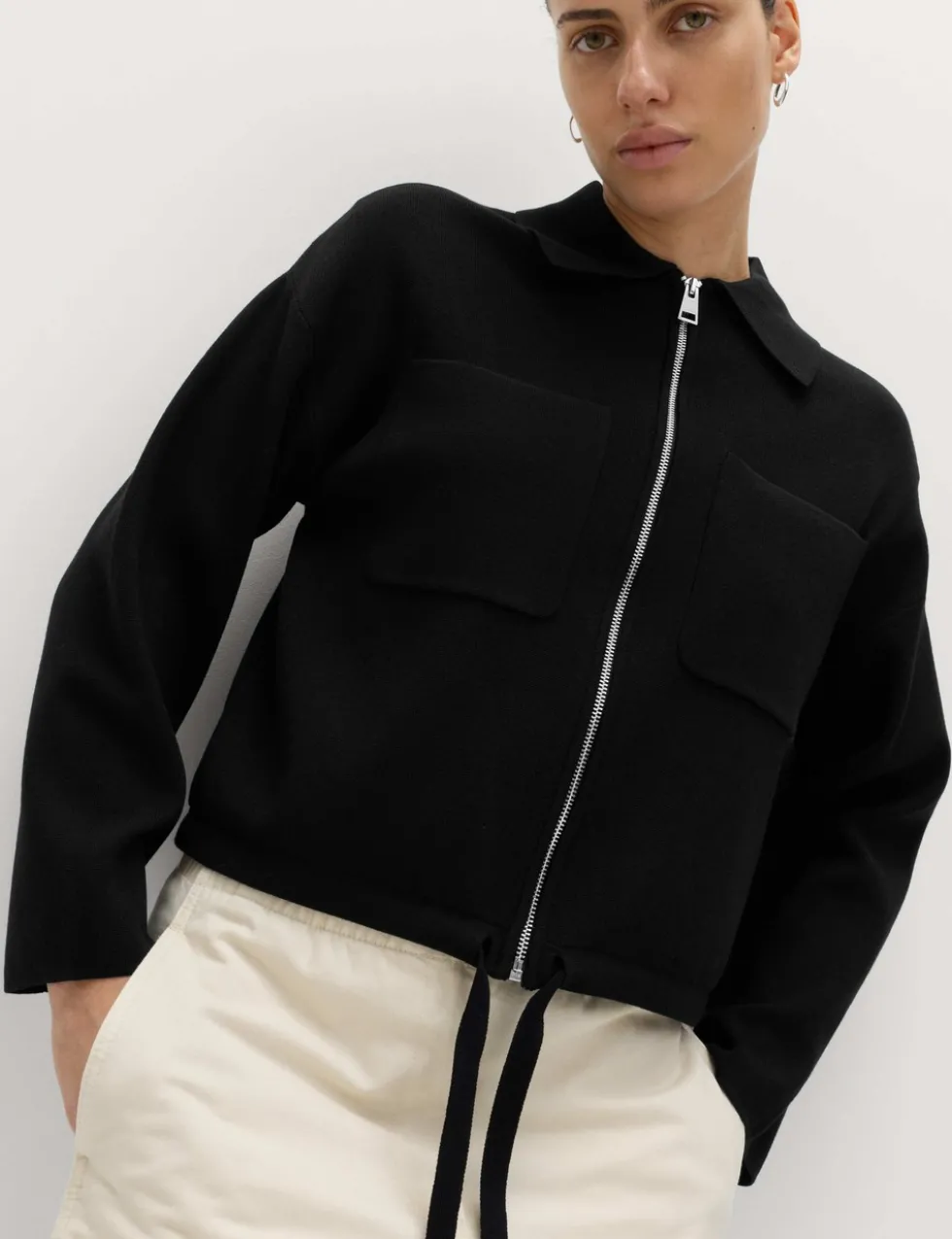 Collared Zip Up Relaxed Knitted Jacket