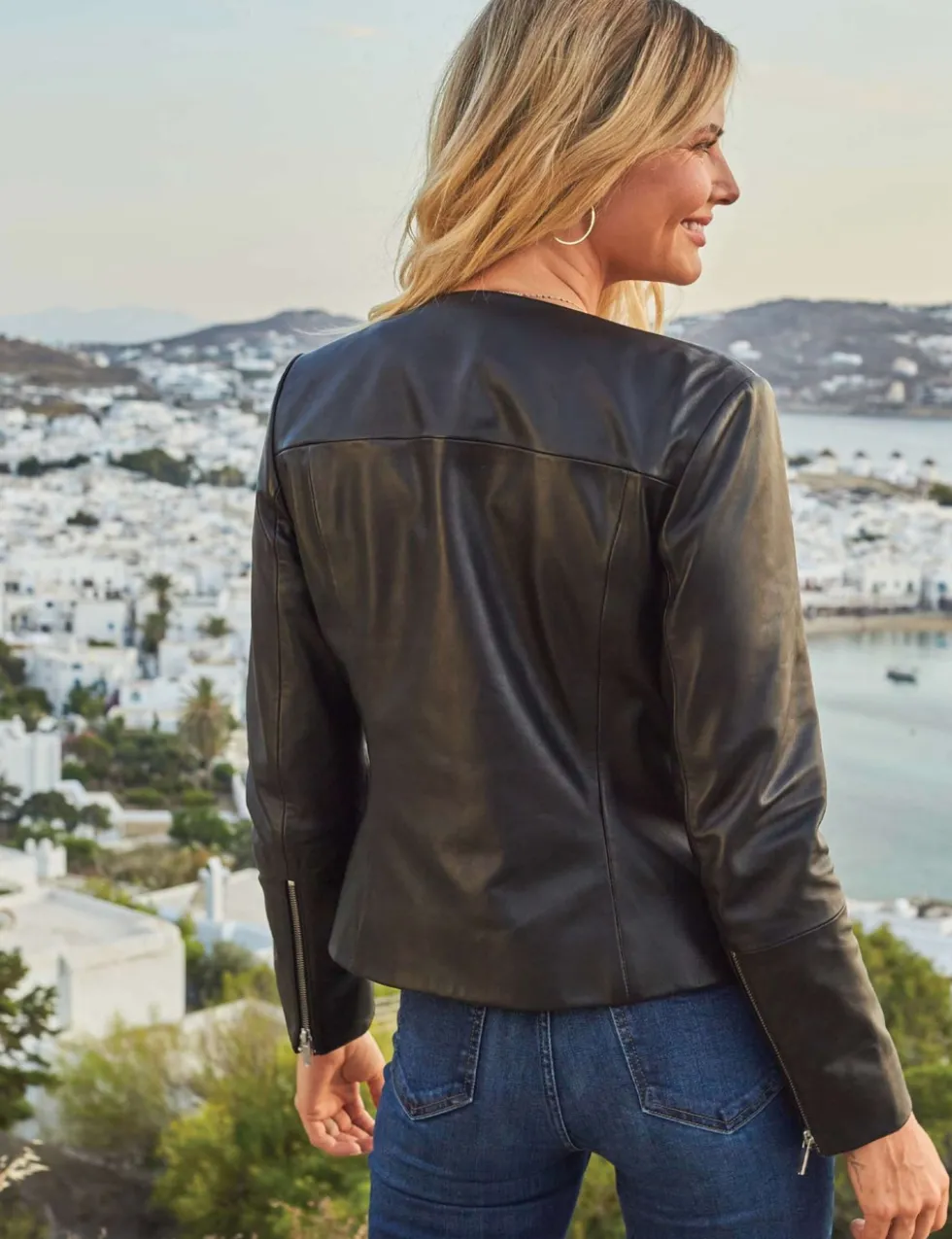 Collarless Leather Jacket