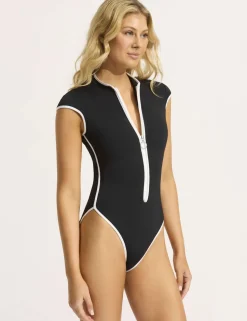 Collective Padded Cap Sleeve Zip Up Swimsuit