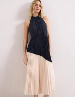 Colour Block High Neck Pleated Midaxi Dress