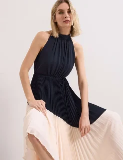 Colour Block High Neck Pleated Midaxi Dress