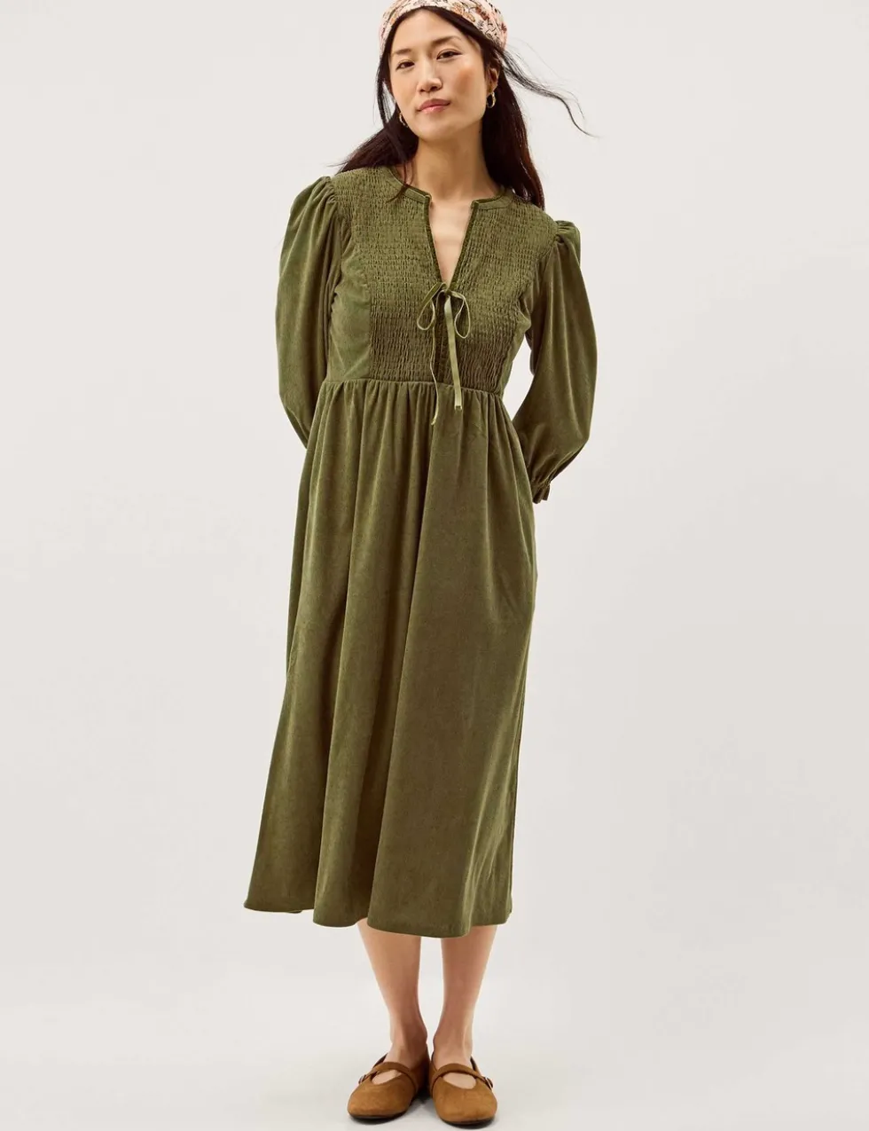 Cord Textured Notch Neck Midi Smock Dress