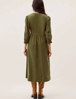 Cord Textured Notch Neck Midi Smock Dress