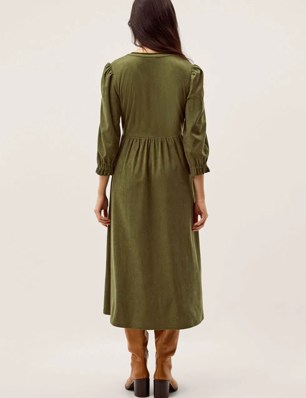 Cord Textured Notch Neck Midi Smock Dress