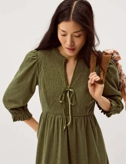Cord Textured Notch Neck Midi Smock Dress