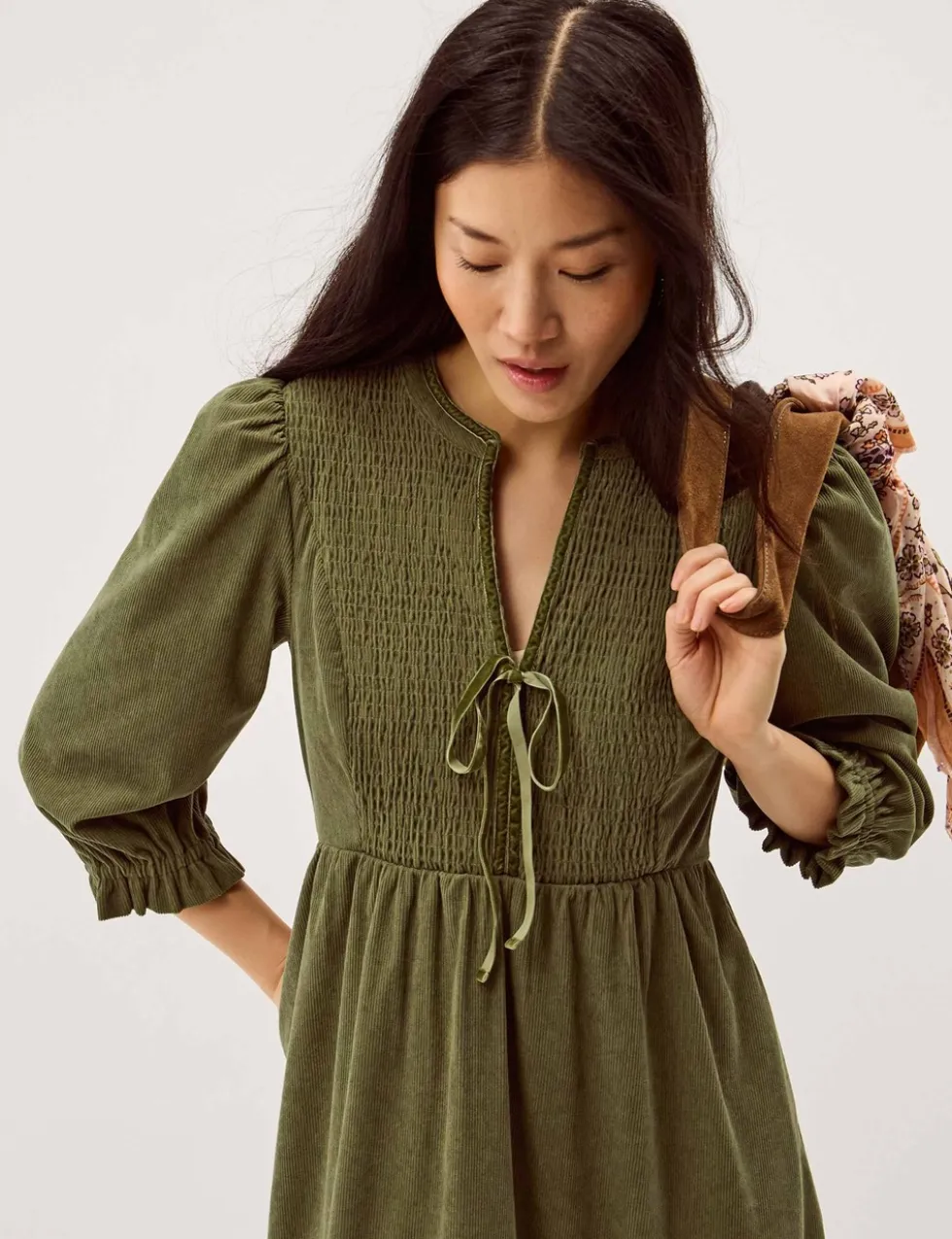 Cord Textured Notch Neck Midi Smock Dress