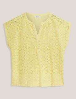 Cotton Blend Broderie Notch Neck Top