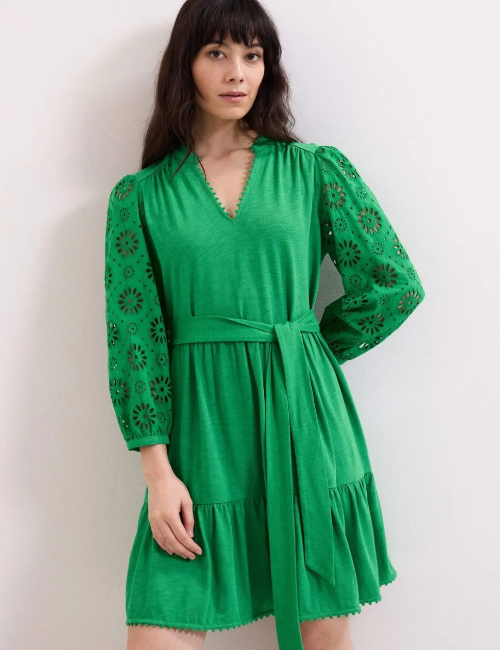 Cotton Blend Broderie V-Neck Mini Dress