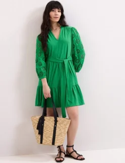 Cotton Blend Broderie V-Neck Mini Dress