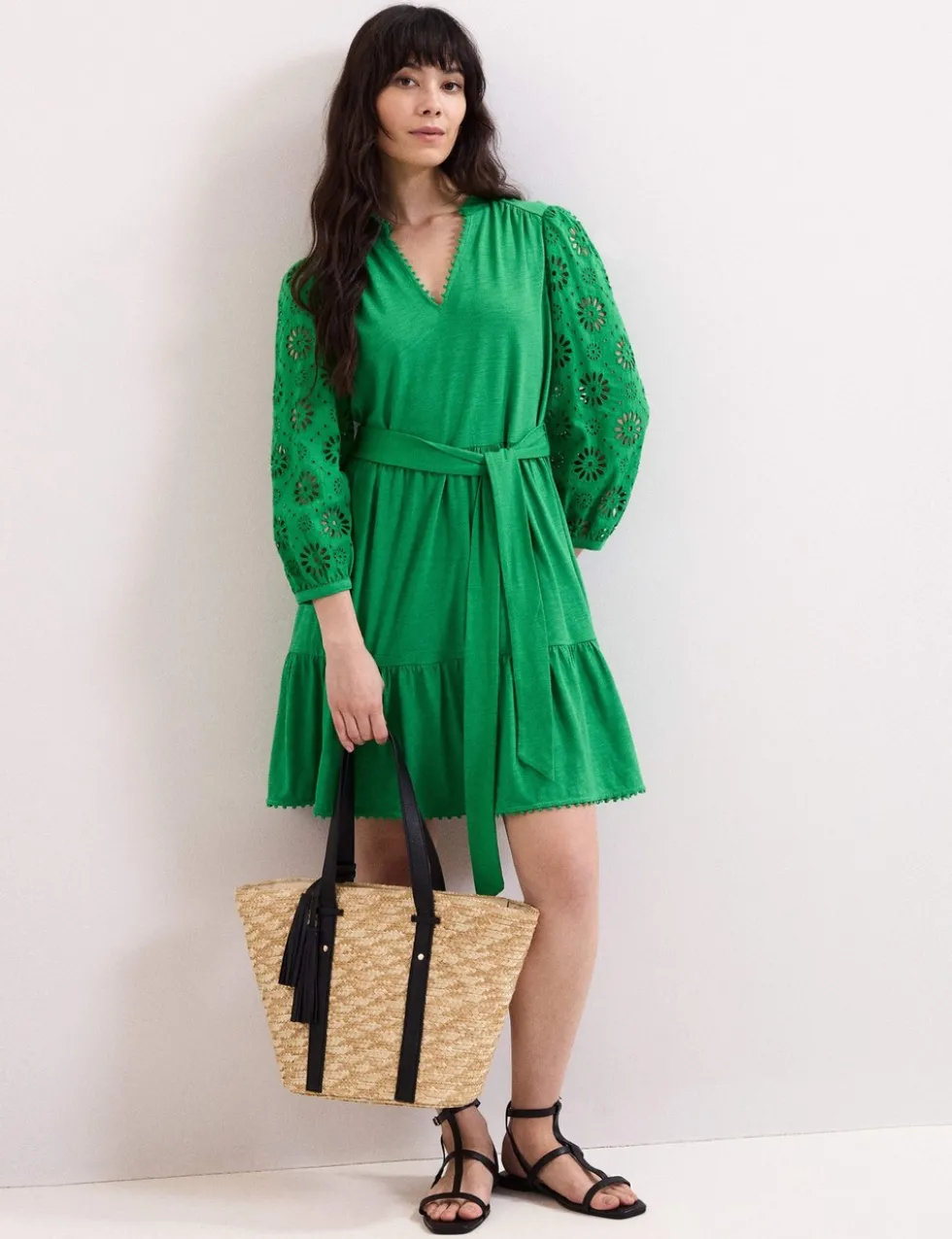 Cotton Blend Broderie V-Neck Mini Dress
