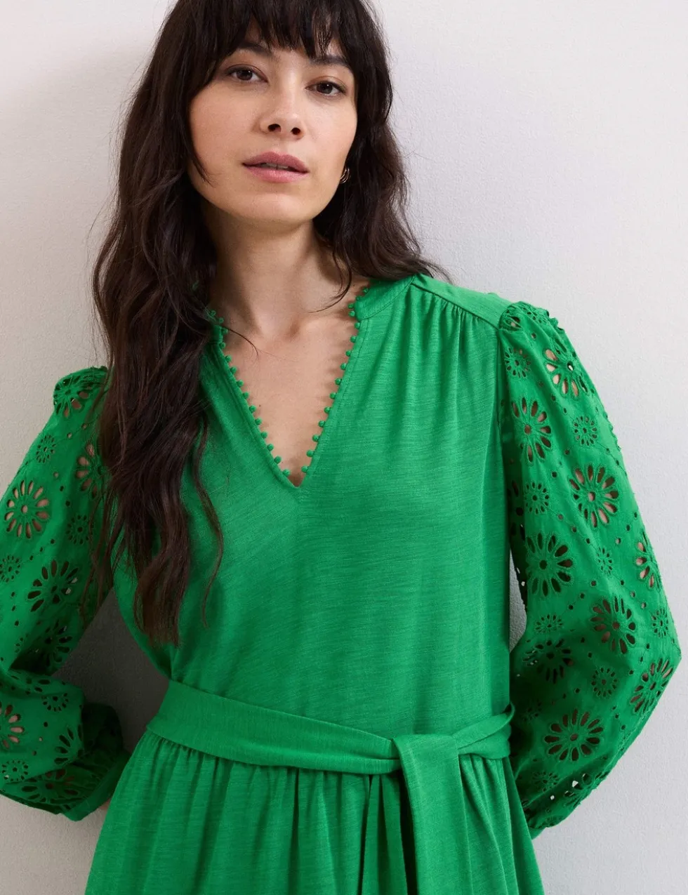 Cotton Blend Broderie V-Neck Mini Dress