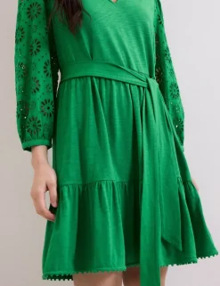 Cotton Blend Broderie V-Neck Mini Dress