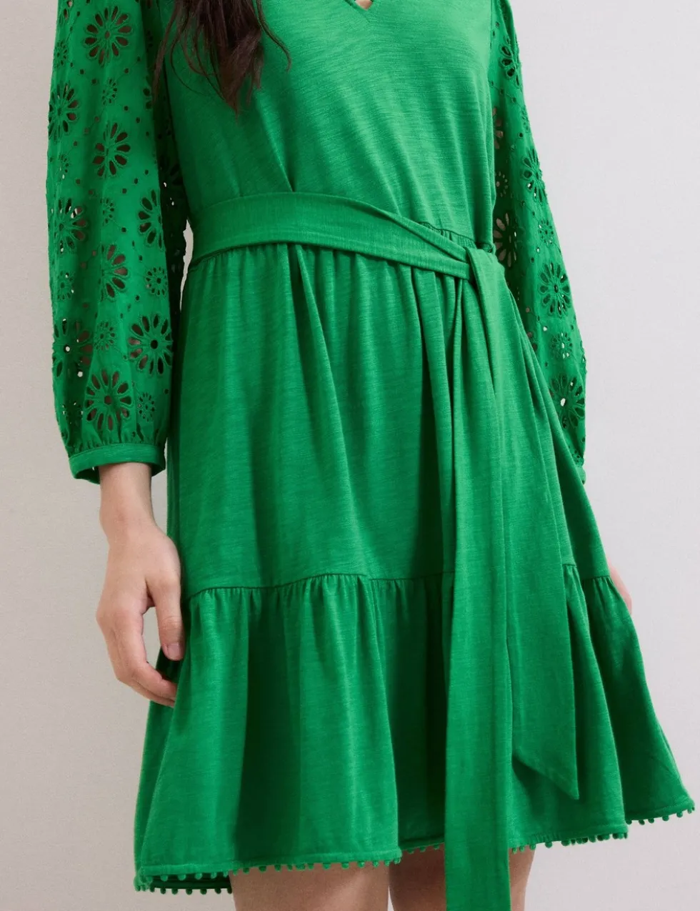Cotton Blend Broderie V-Neck Mini Dress