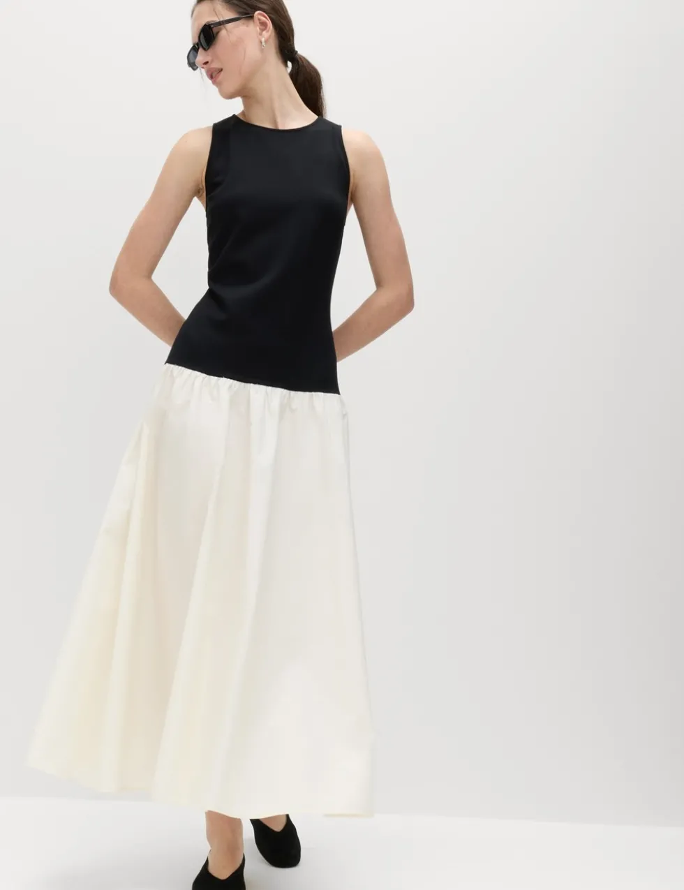 Cotton Blend Contrast Midi Drop Waist Dress