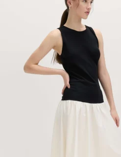 Cotton Blend Contrast Midi Drop Waist Dress