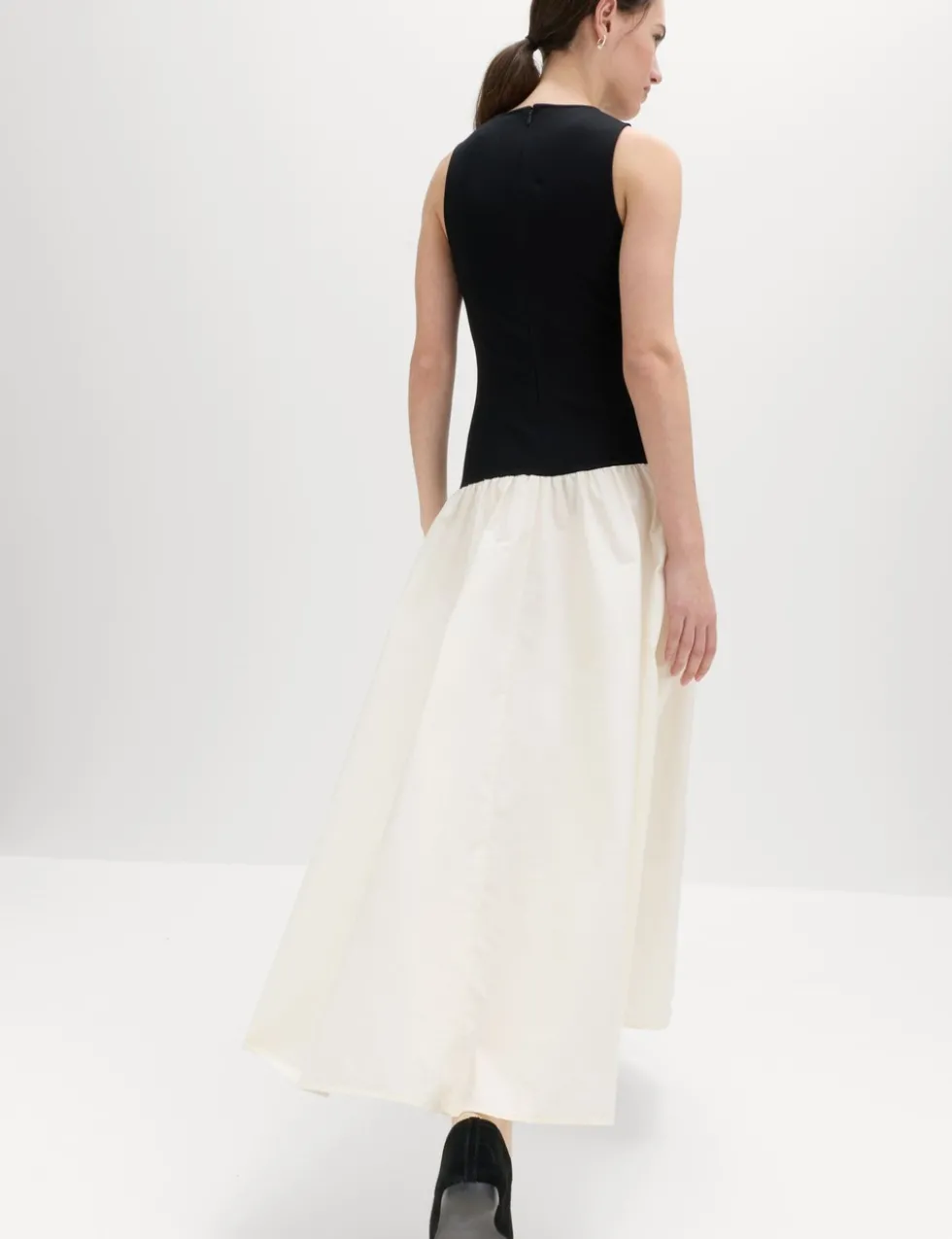 Cotton Blend Contrast Midi Drop Waist Dress