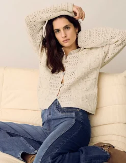 Cotton Blend Crochet Look Collared Cardigan