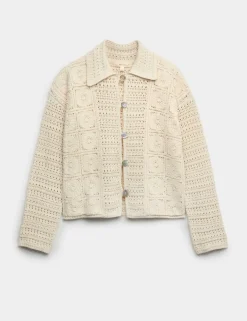 Cotton Blend Crochet Look Collared Cardigan