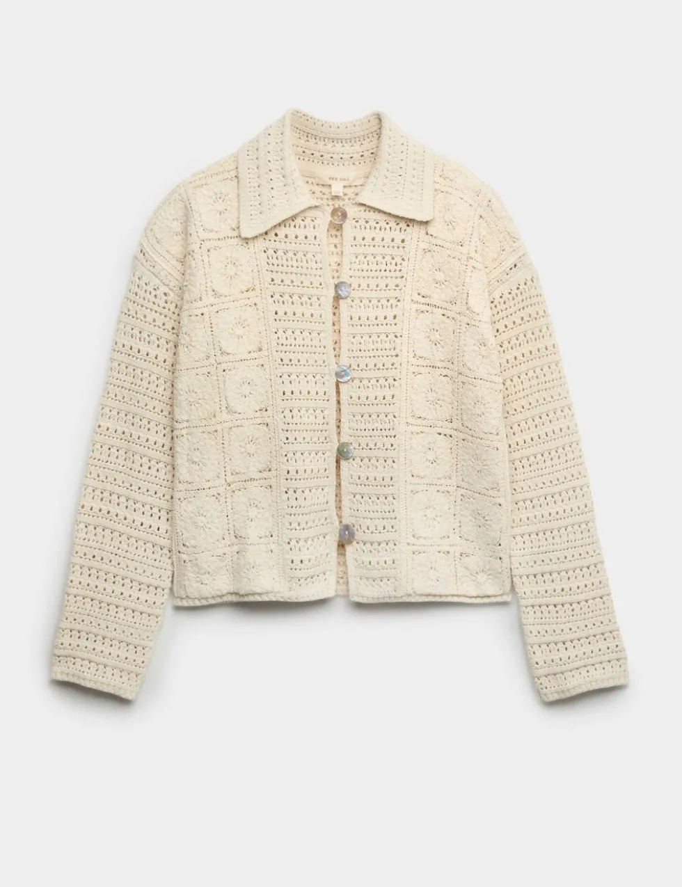 Cotton Blend Crochet Look Collared Cardigan