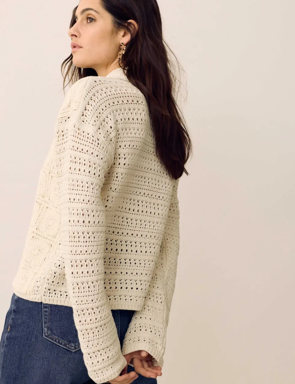Cotton Blend Crochet Look Collared Cardigan