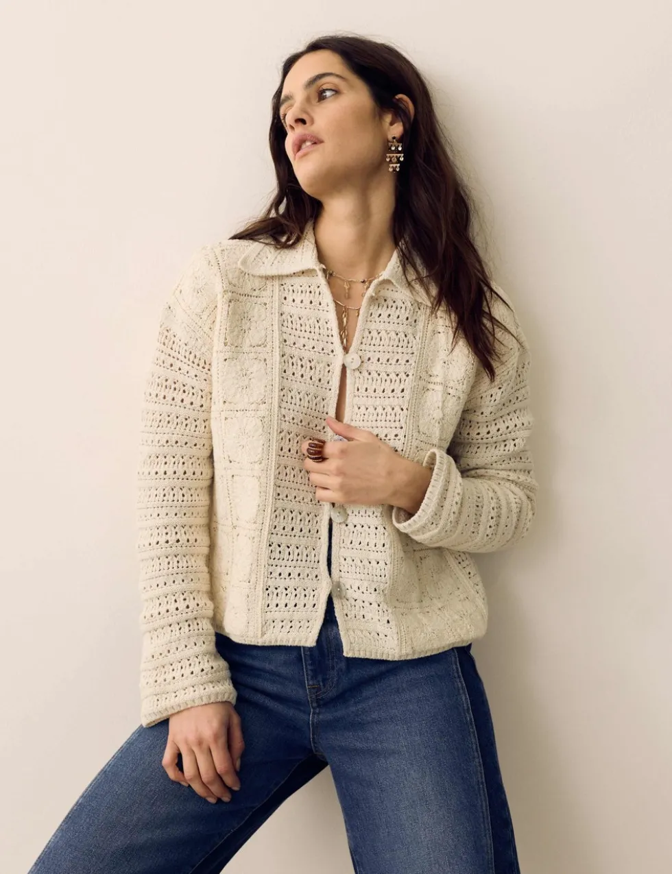 Cotton Blend Crochet Look Collared Cardigan