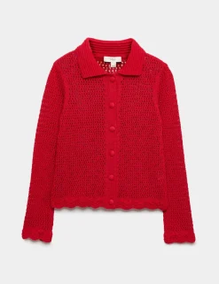 Cotton Blend Crochet-Style Collared Cardigan