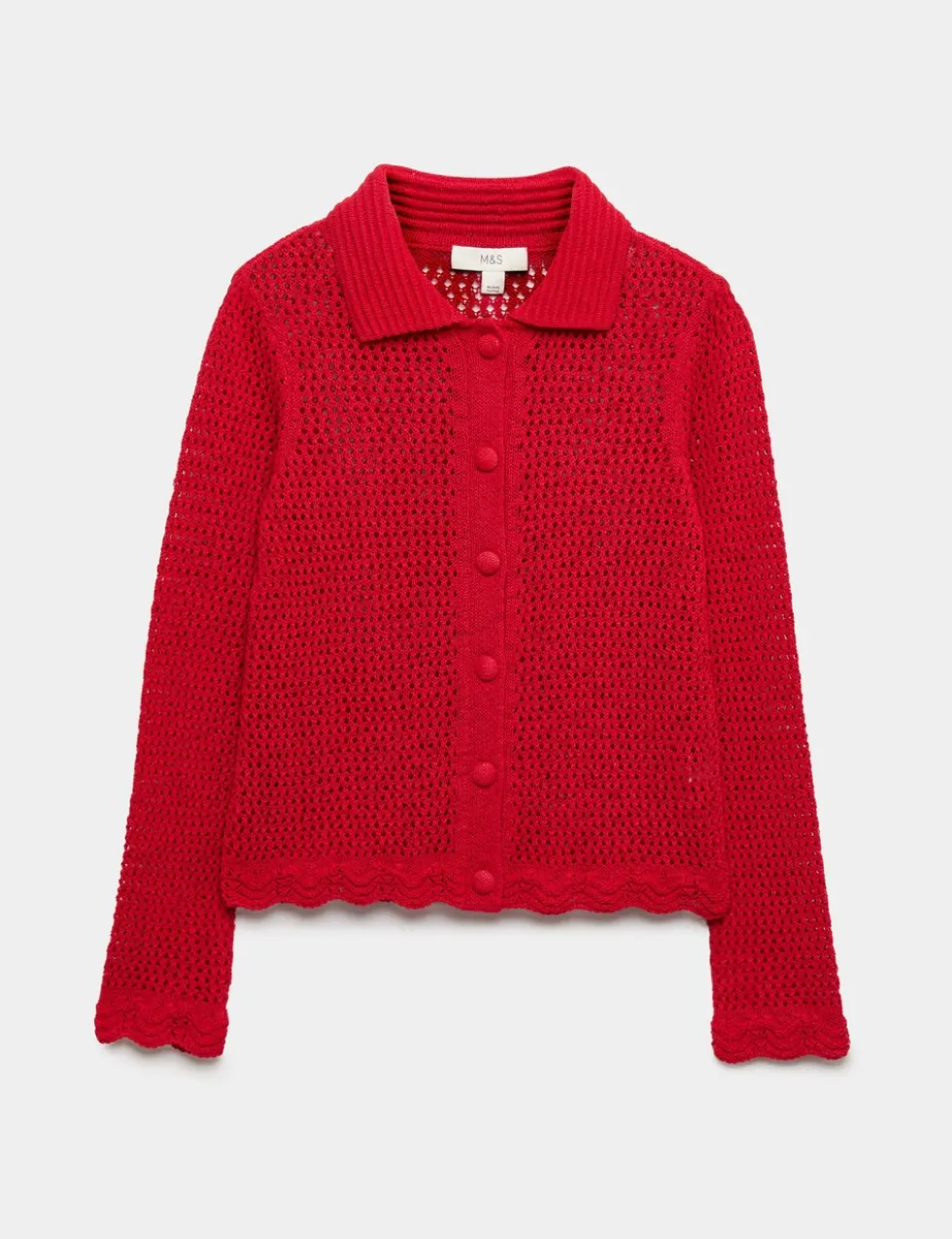 Cotton Blend Crochet-Style Collared Cardigan
